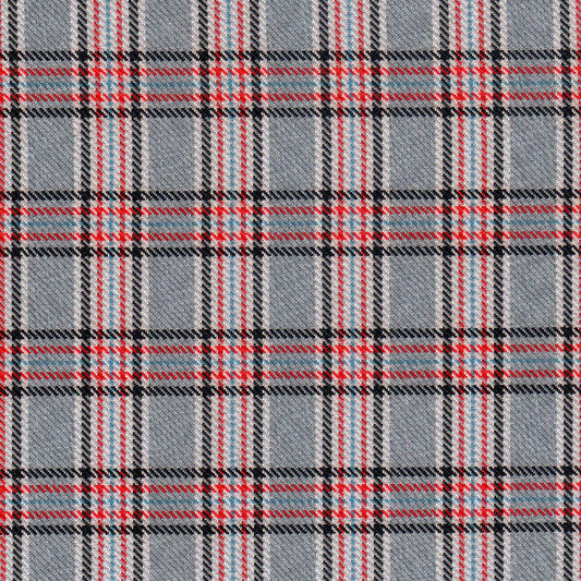 Tela diagonal de poliéster gris con cuadros y rayas rojas; ideal para uniformes escolares e institucionales de SchoolLine