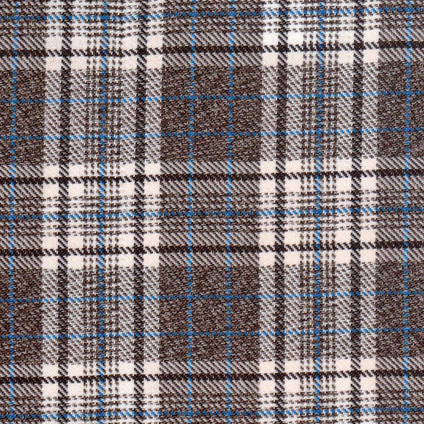 Tela diagonal de poliéster SchoolLine en estampado plaid gris, blanco y azul, ideal para uniformes escolares e institucionales