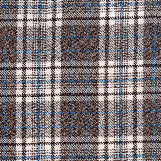 Tela diagonal de poliéster SchoolLine en estampado plaid gris, blanco y azul, ideal para uniformes escolares e institucionales