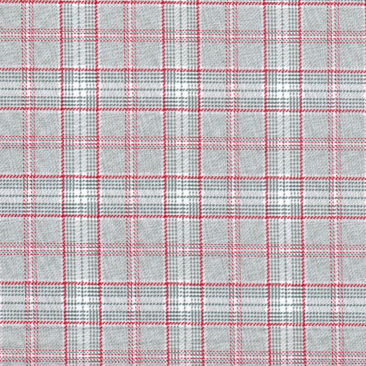 Tela poliéster diagonal SchoolLine, plaid gris con líneas rojas, ideal para uniformes escolares e institucionales