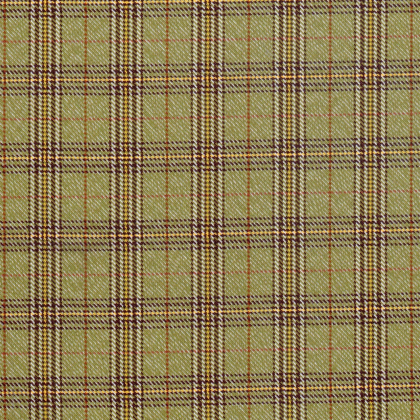 Tela diagonal de poliéster SchoolLine en oliva con plaid marrón y amarillo, ideal para uniformes escolares e institucionales.
