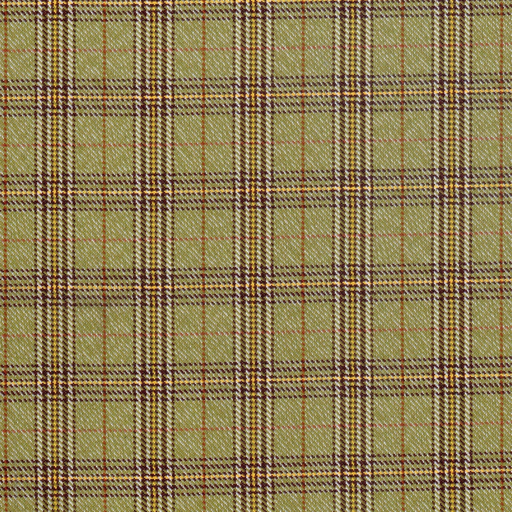 Tela diagonal de poliéster SchoolLine en oliva con plaid marrón y amarillo, ideal para uniformes escolares e institucionales.
