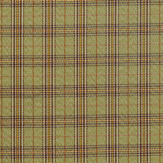 Tela diagonal de poliéster SchoolLine en oliva con plaid marrón y amarillo, ideal para uniformes escolares e institucionales.