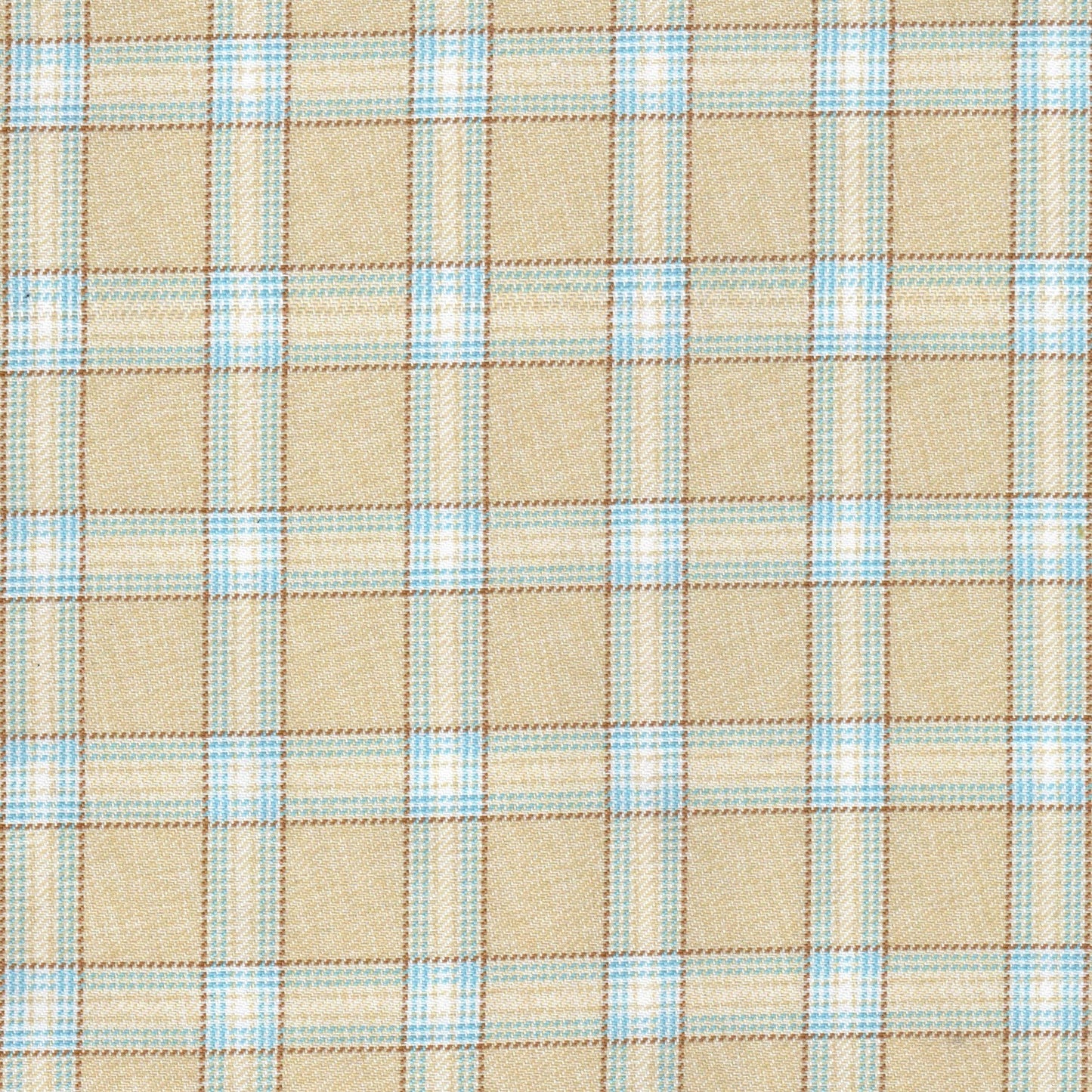 Tela diagonal de poliéster SchoolLine en beige con cuadros azules; ideal para uniformes escolares e institucionales.