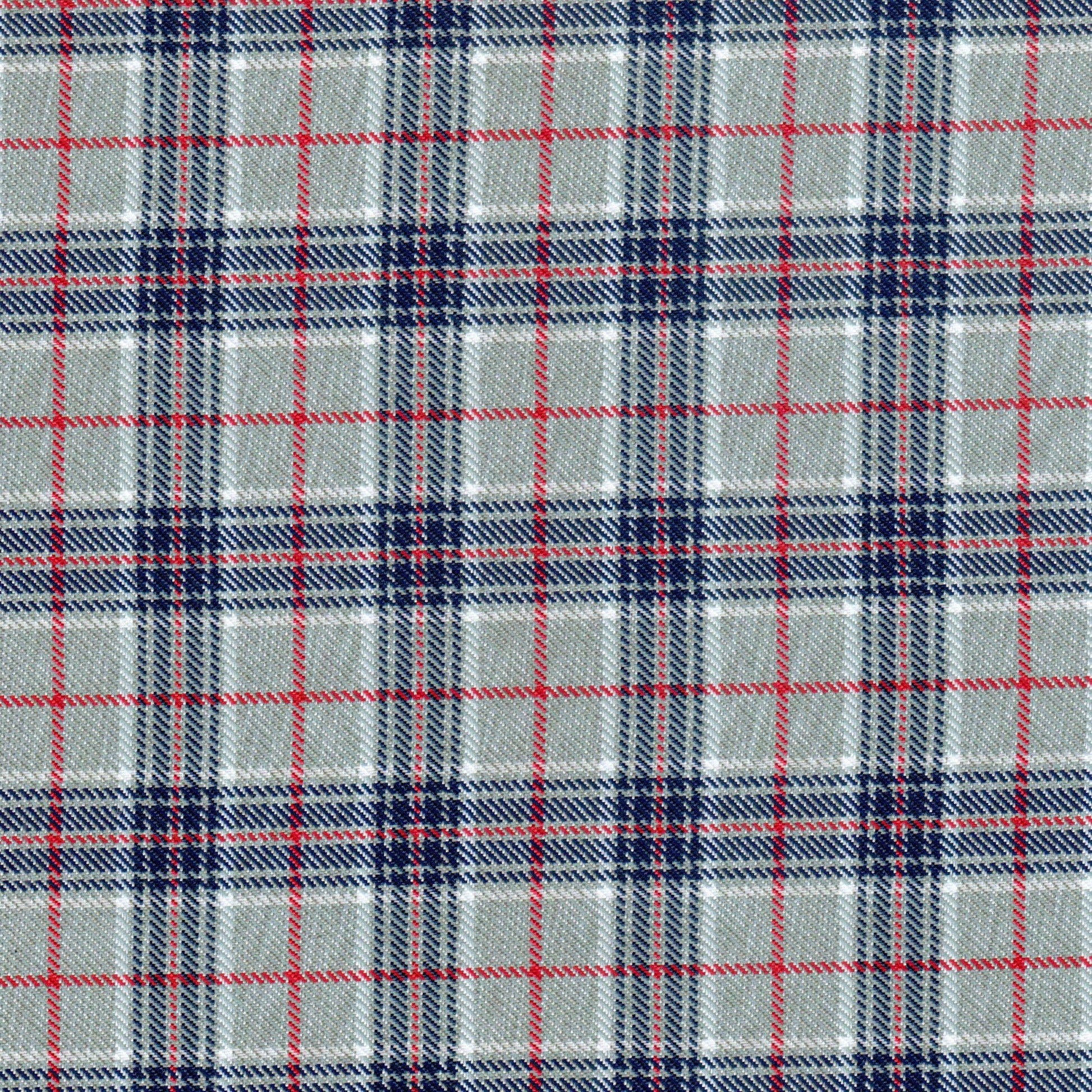 Tela poliéster diagonal uniforme SchoolLine en gris claro con cuadros azul marino y rojo, ideal para uniformes escolares.