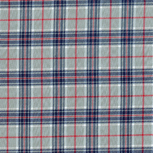 Tela poliéster diagonal uniforme SchoolLine en gris claro con cuadros azul marino y rojo, ideal para uniformes escolares.