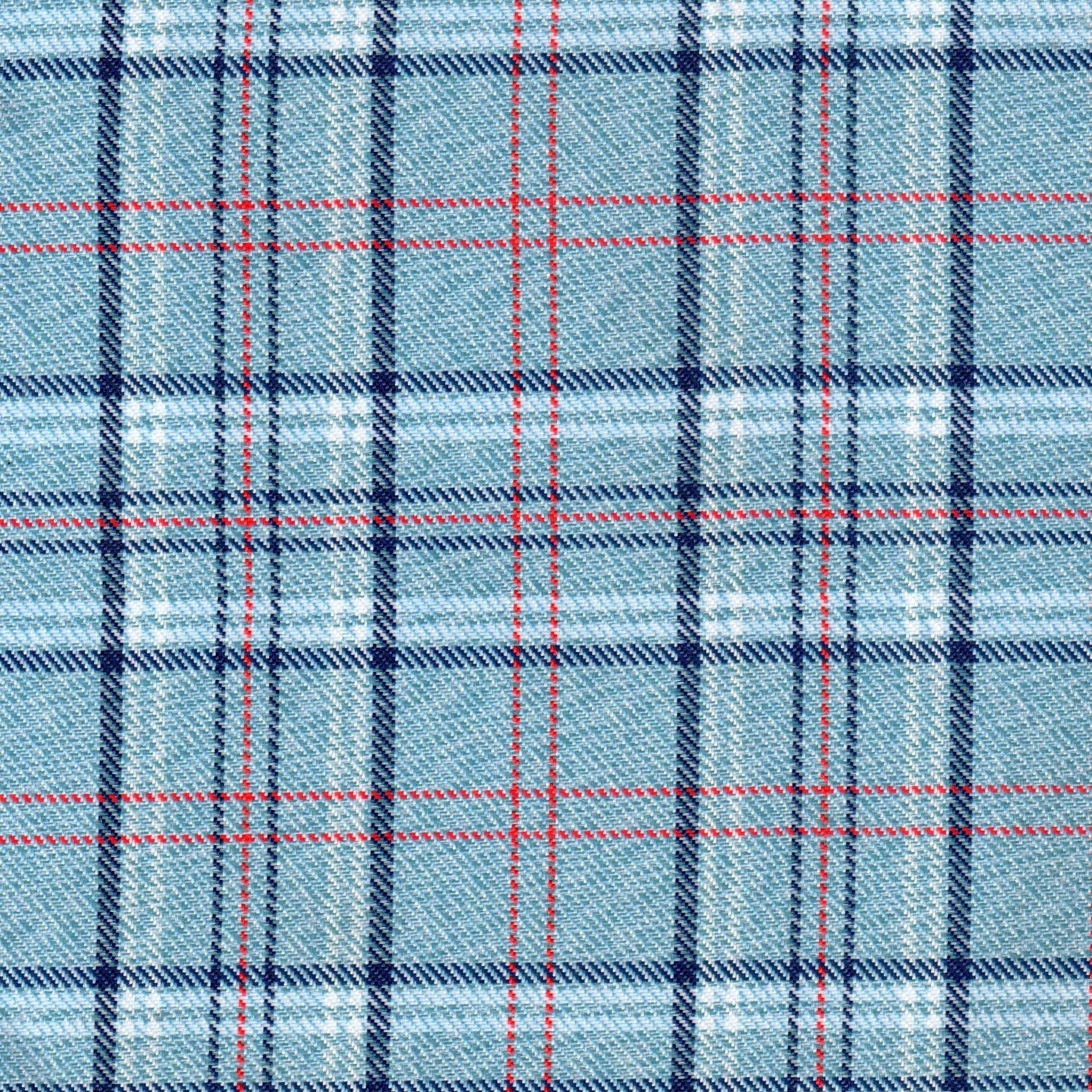 Tela poliéster diagonal azul claro con cuadros azul marino y rojo; diseño tartán, ideal para uniformes escolares e institucionales SchoolLine.
