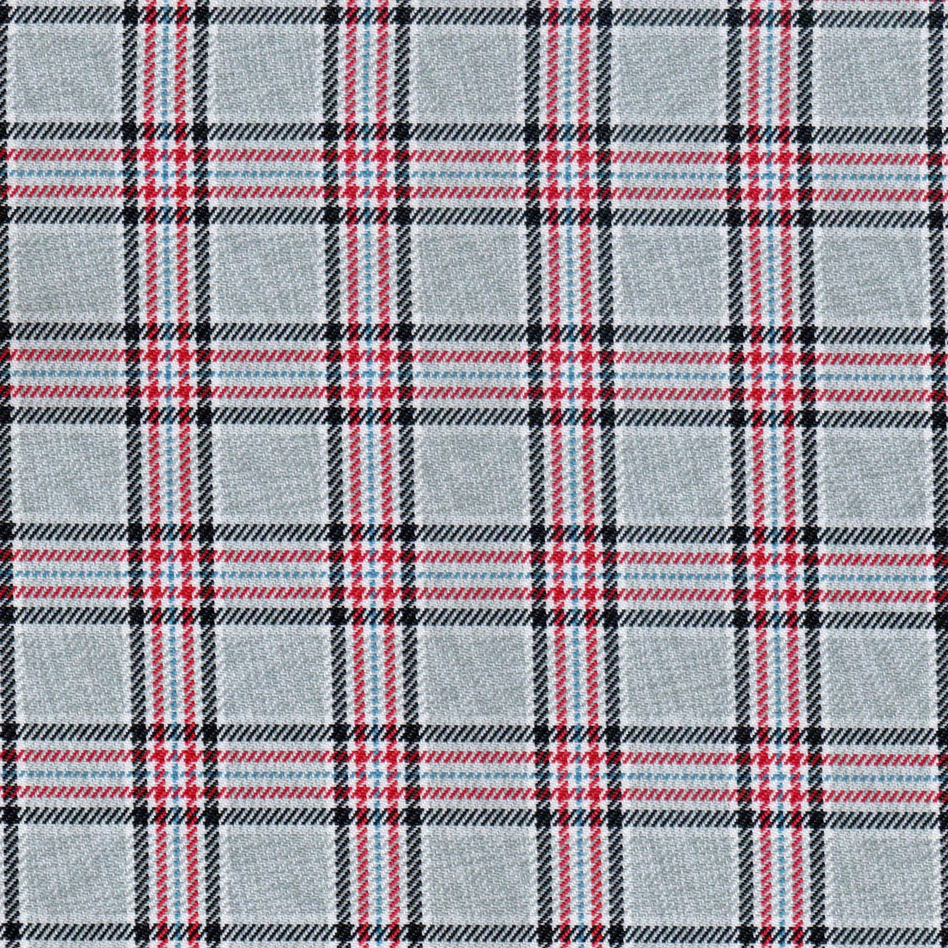 Tela de poliéster diagonal SchoolLine, gris con cuadros negro-rojo-azul; ideal para uniformes escolares e institucionales.