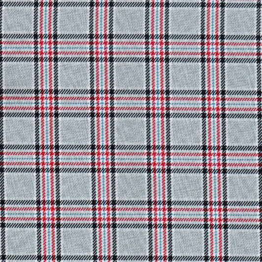 Tela de poliéster diagonal SchoolLine, gris con cuadros negro-rojo-azul; ideal para uniformes escolares e institucionales.