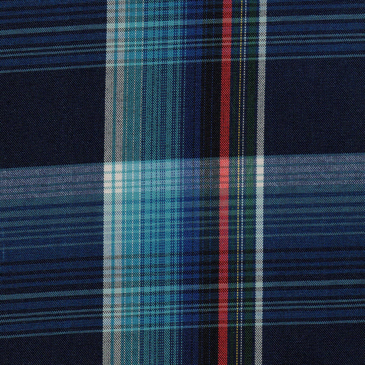 Tela 13012011 Dacron especial de SchoolLine en tejido a cuadros azules con tira roja, ideal para uniformes escolares.