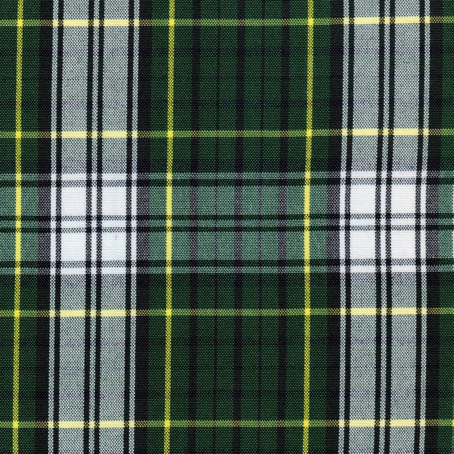 Tela Dacron SchoolLine, poliéster con tartán verde/negro/blanco y líneas amarillas; ideal para uniformes escolares.