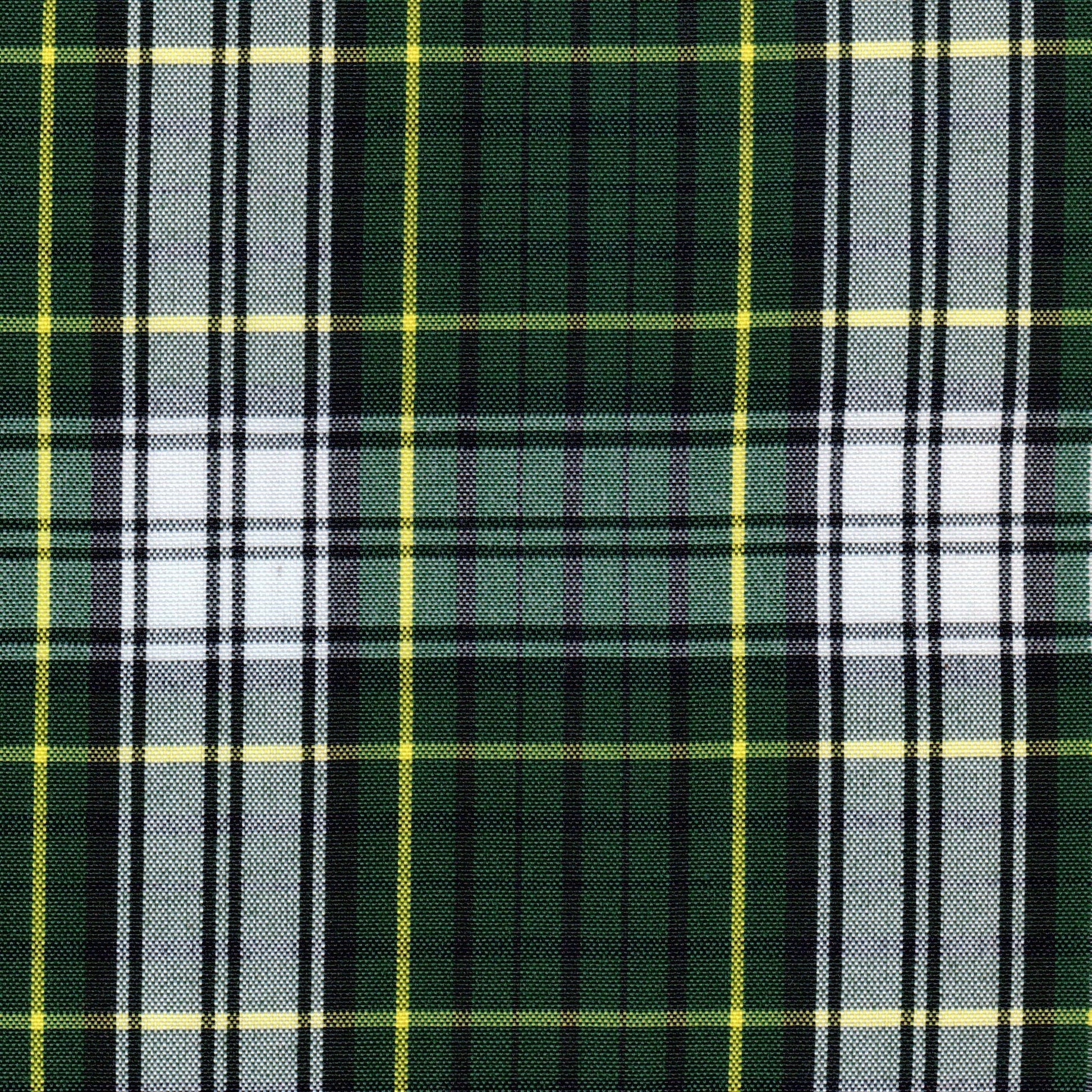 Tela Dacron SchoolLine, poliéster con tartán verde/negro/blanco y líneas amarillas; ideal para uniformes escolares.