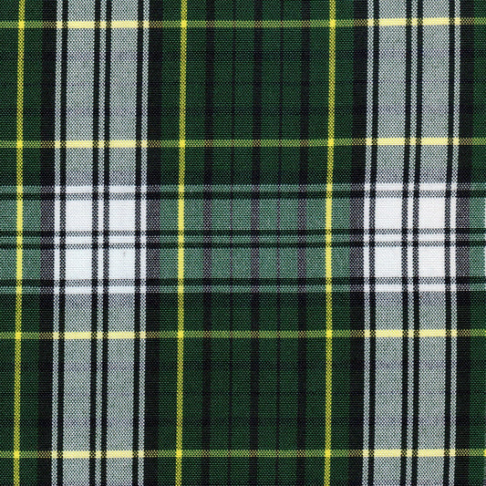 Tela Dacron SchoolLine, poliéster con tartán verde/negro/blanco y líneas amarillas; ideal para uniformes escolares.