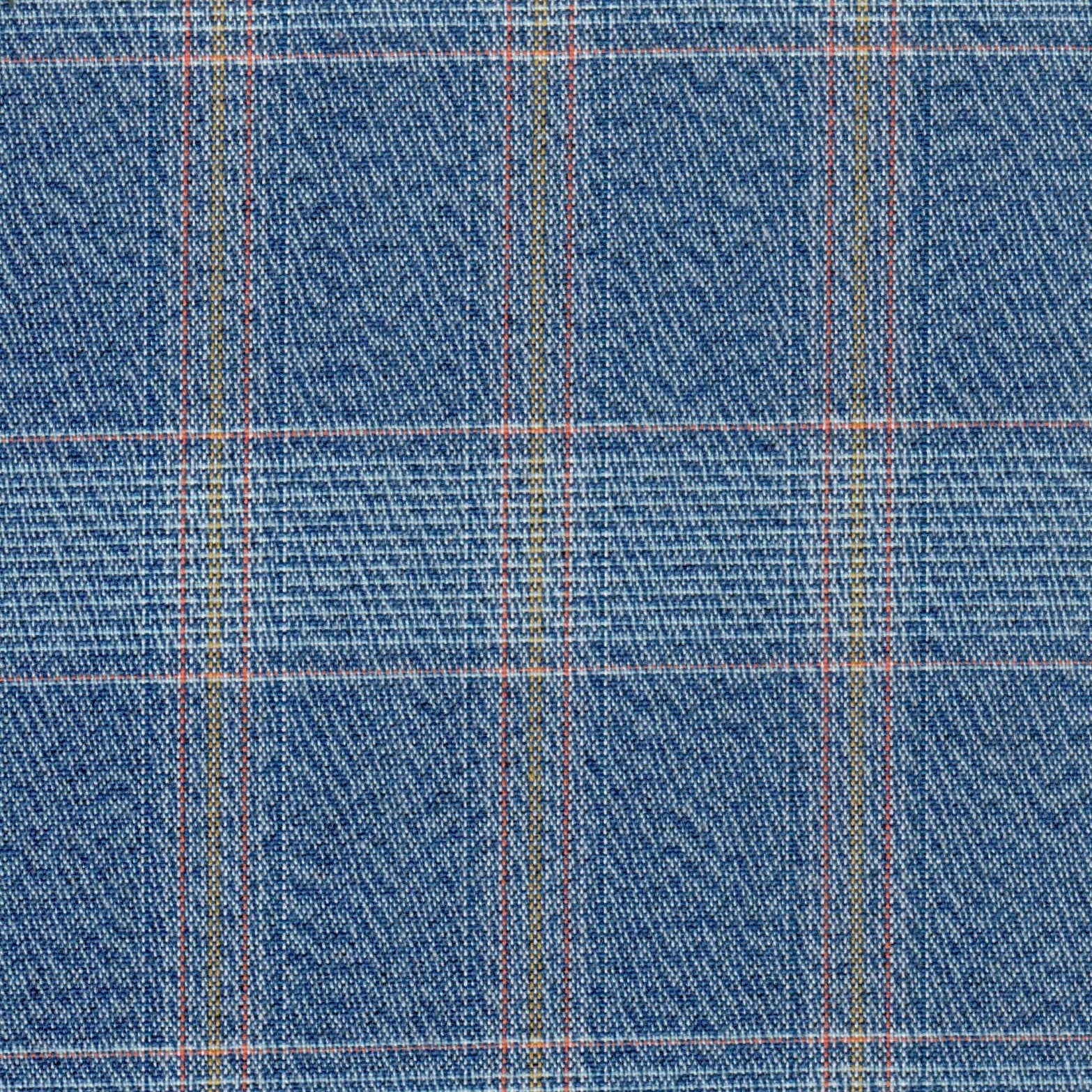 Tela moline poliéster SchoolLine azul denim con diseño a cuadros rojos y amarillos, ideal para uniformes escolares.