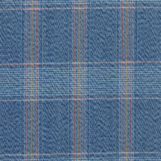 Tela moline poliéster SchoolLine azul denim con diseño a cuadros rojos y amarillos, ideal para uniformes escolares.
