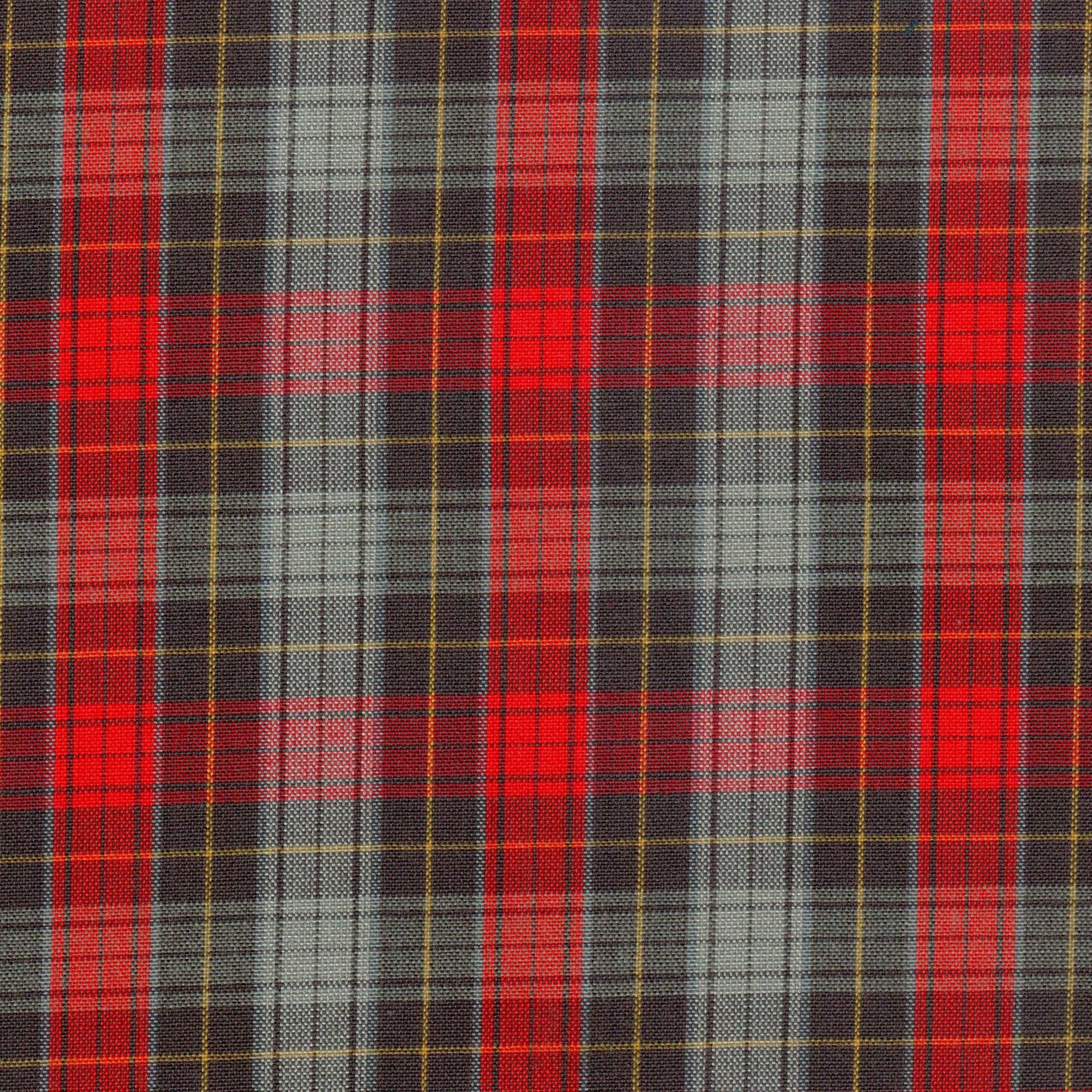 Tela 13014016 Dacron SchoolLine; tejido tartán rojo con gris/negro y líneas amarillas, ideal para uniformes escolares.