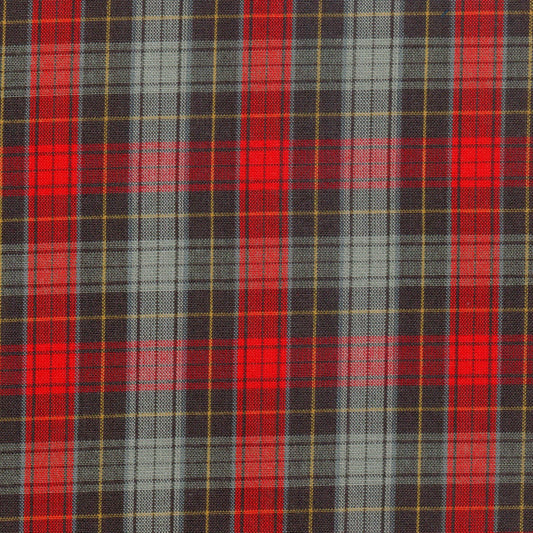 Tela 13014016 Dacron SchoolLine; tejido tartán rojo con gris/negro y líneas amarillas, ideal para uniformes escolares.
