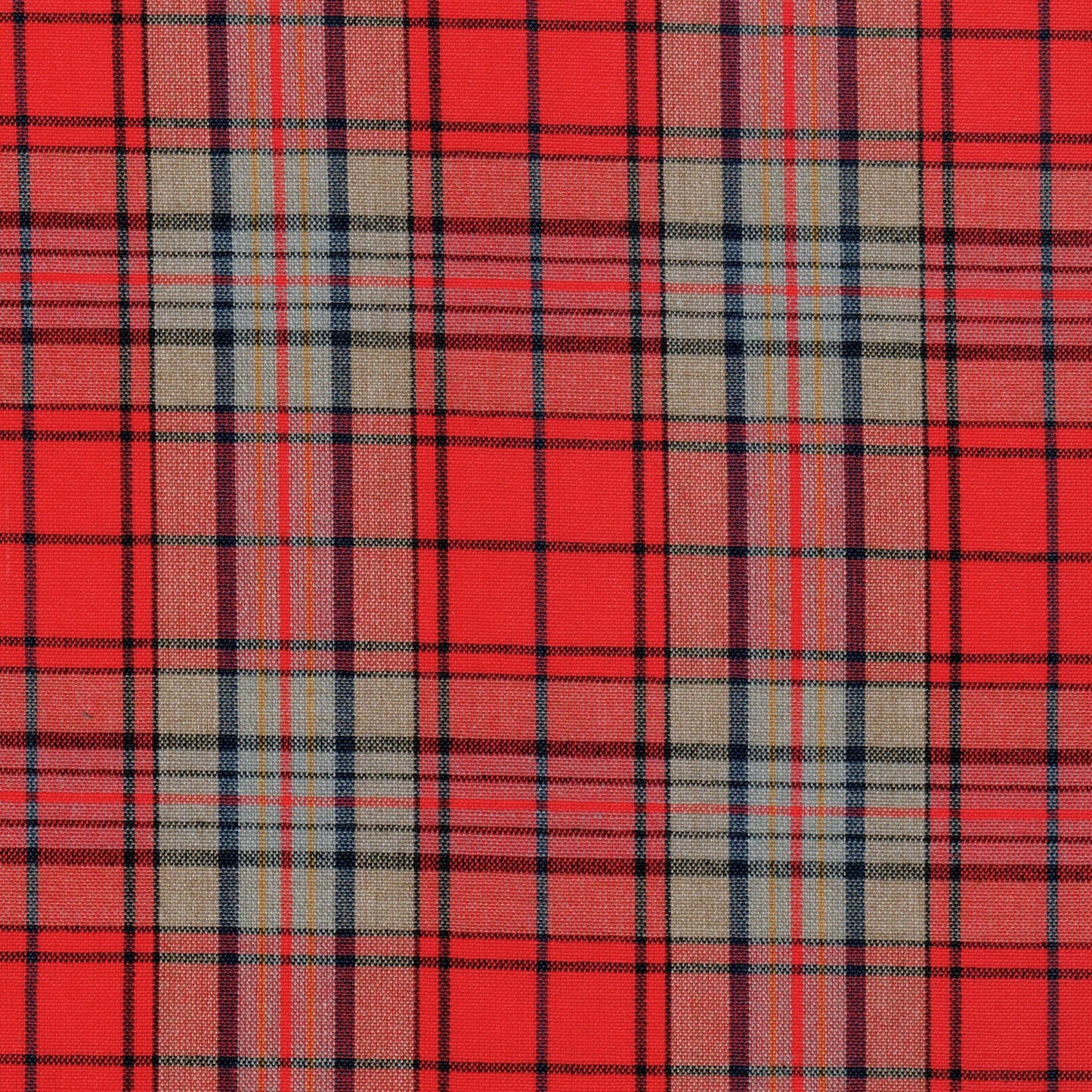 Tela 13014018 Dacron jaspeada roja con cuadros beige y líneas negras, para uniformes escolares e institucionales.