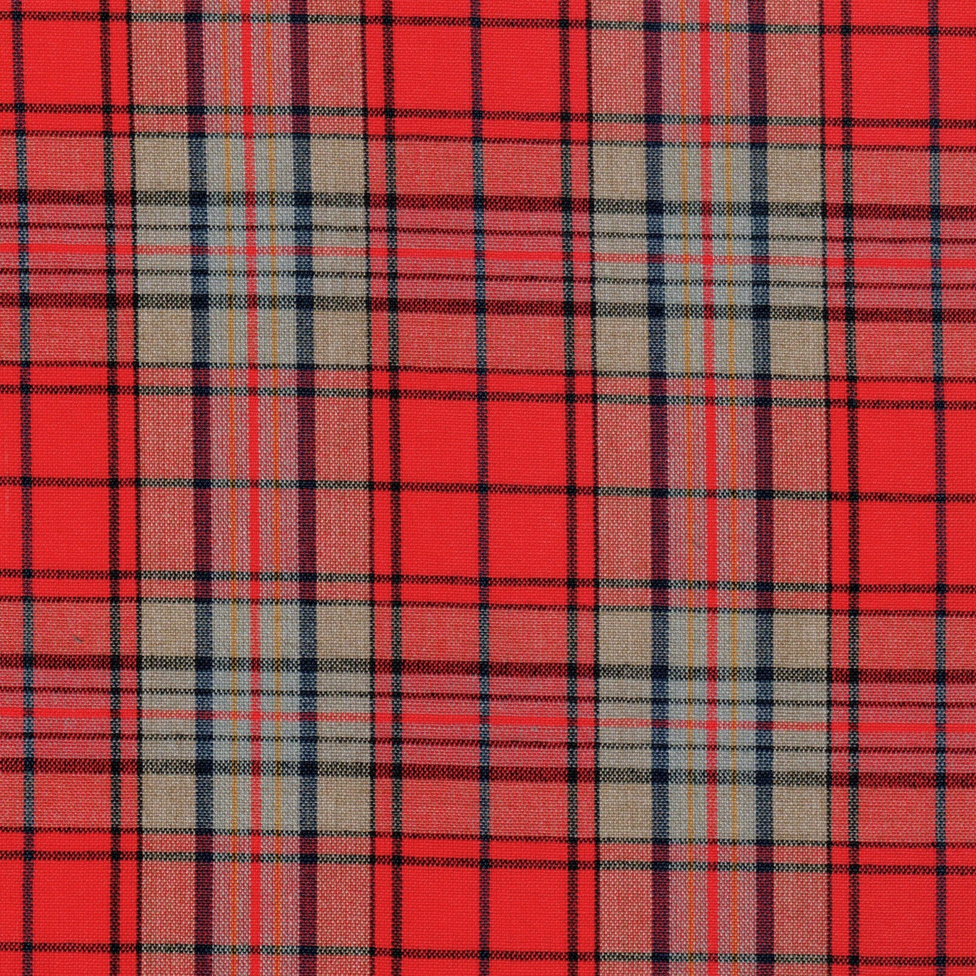 Tela 13014018 Dacron jaspeada roja con cuadros beige y líneas negras, para uniformes escolares e institucionales.