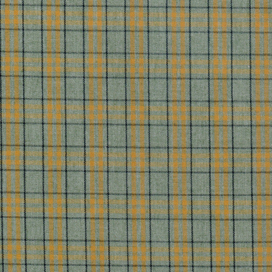 Tela jaspeada Dacron SchoolLine en verde gris con cuadros amarillos, ideal para uniformes escolares.