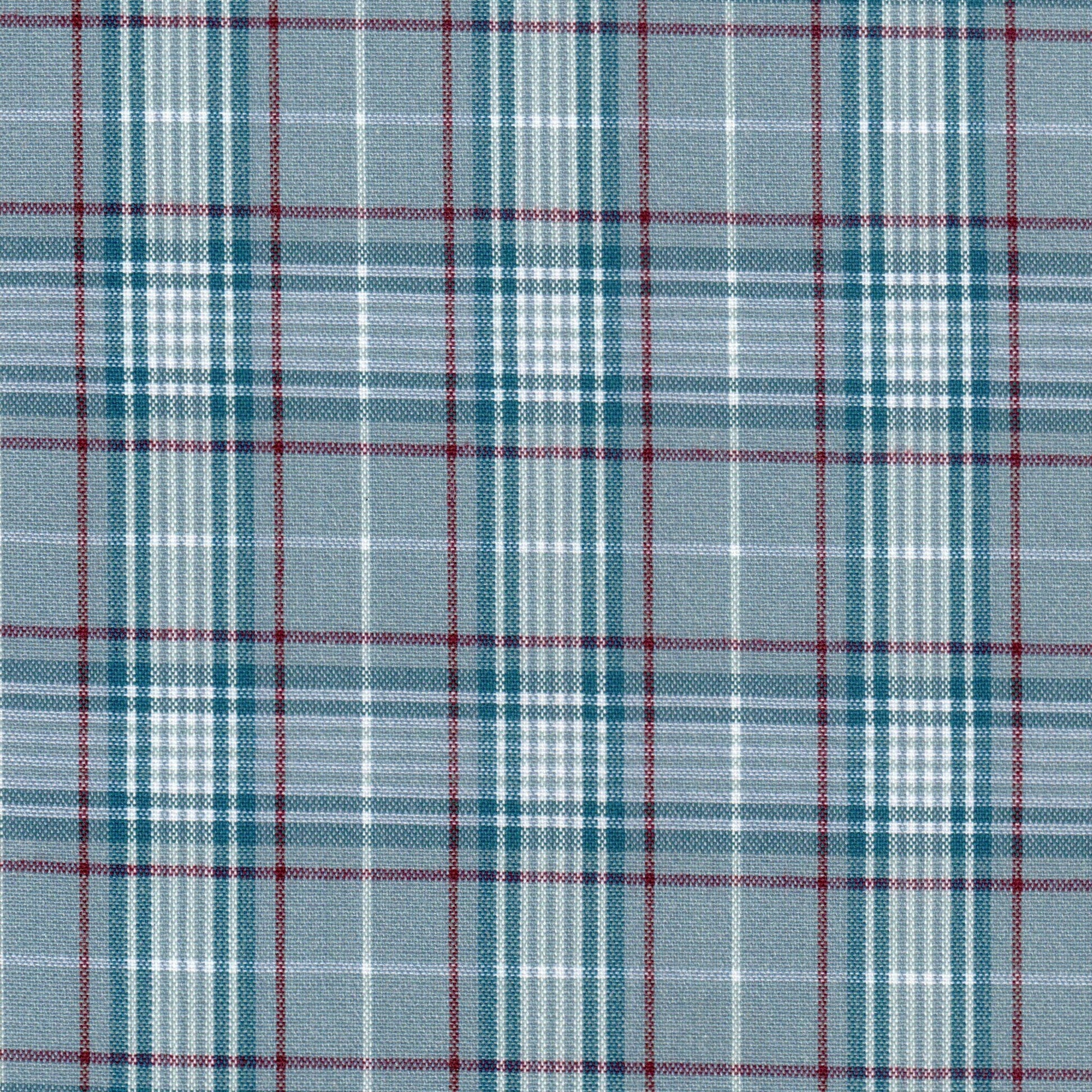 Tela jaspeada azul Dacron SchoolLine, tartán con líneas blancas y rojas; tela para uniformes escolares e institucionales.