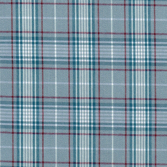 Tela jaspeada azul Dacron SchoolLine, tartán con líneas blancas y rojas; tela para uniformes escolares e institucionales.
