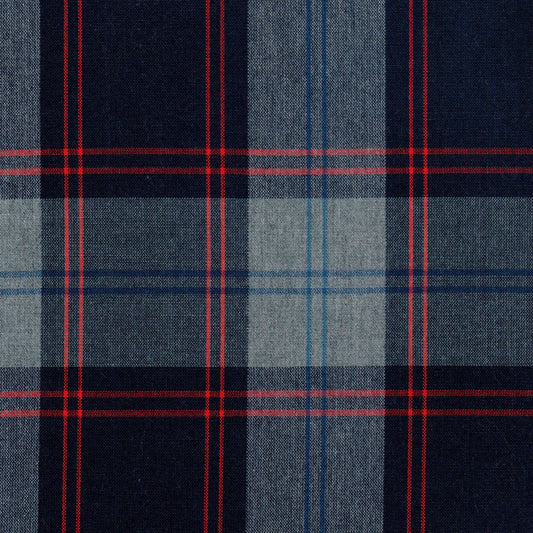 Tela 13014056 Dacron; jaspeada azul marino con rayas rojas y gris, ideal para uniformes escolares e institucionales.