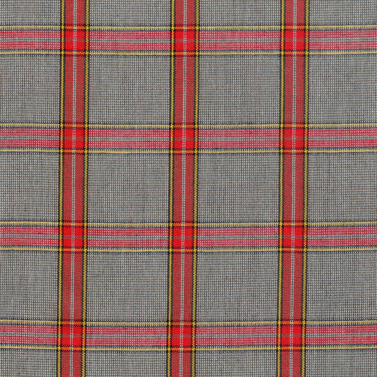 Tela 13014070 Dacron uniforme jaspeado en rojo y gris con cuadros y líneas amarillas, ideal para uniformes escolares e institucionales SchoolLine.