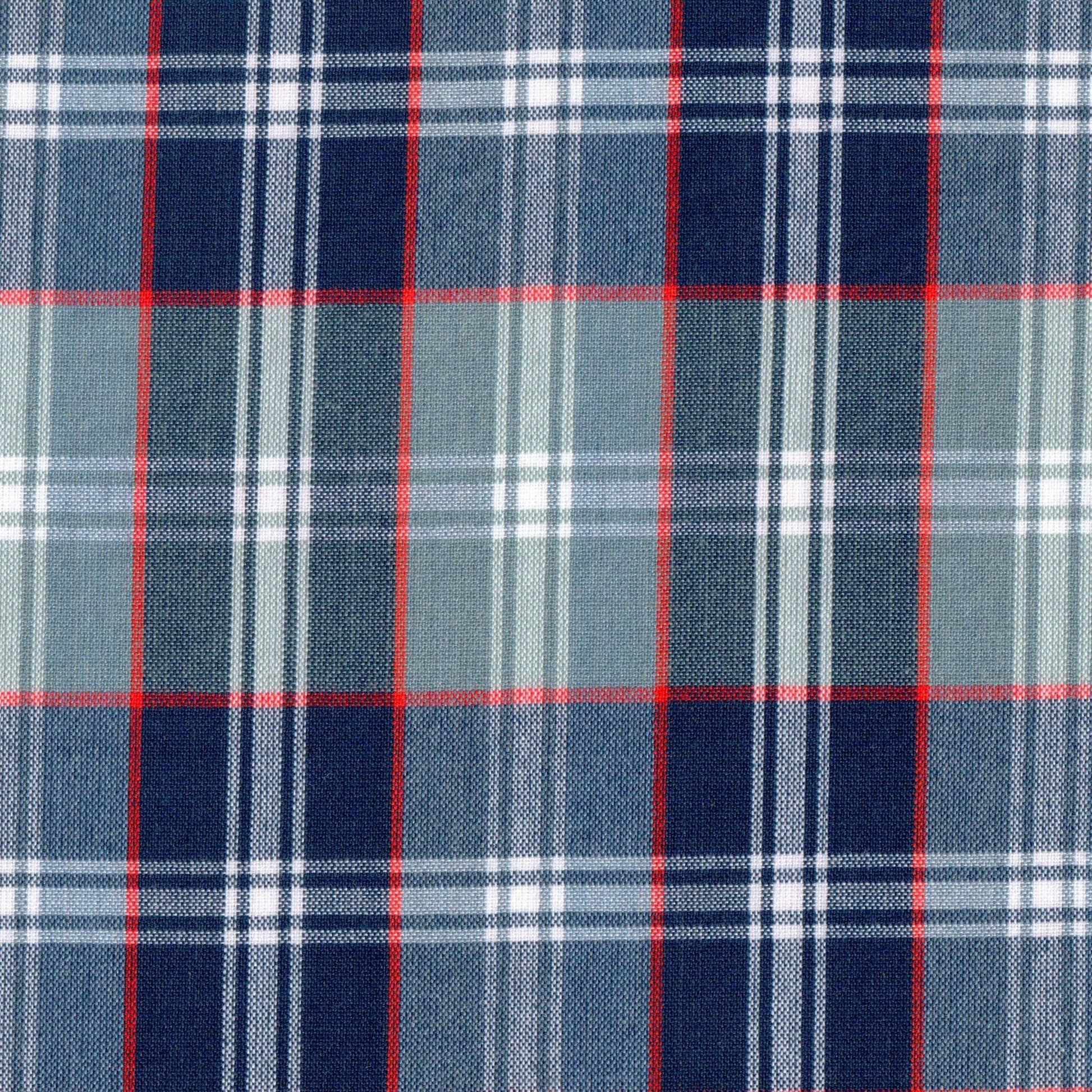 Tela Dacron SchoolLine azul jaspeado con cuadros azul marino/gris y líneas rojas; ideal para uniformes escolares.