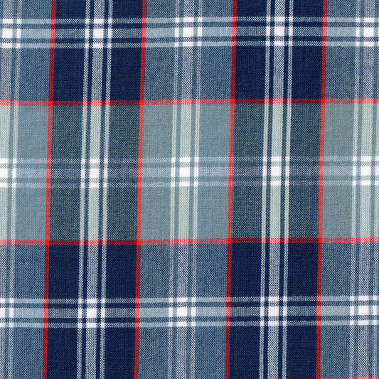Tela Dacron SchoolLine azul jaspeado con cuadros azul marino/gris y líneas rojas; ideal para uniformes escolares.