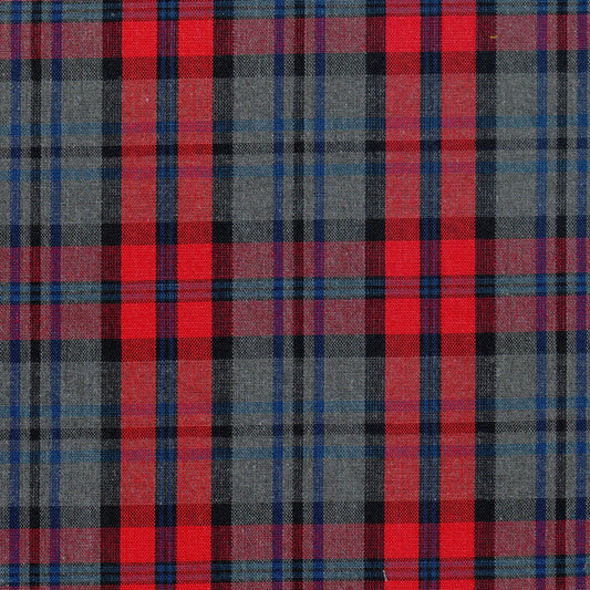 Tela Dacron 13014098 SchoolLine jaspeada en rojo y negro con gris y azul; ideal para uniformes escolares e institucionales.