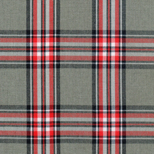 Tela 13014103 Dacron uniforme jaspeado a cuadros gris, rojo y blanco; ideal para uniformes escolares.