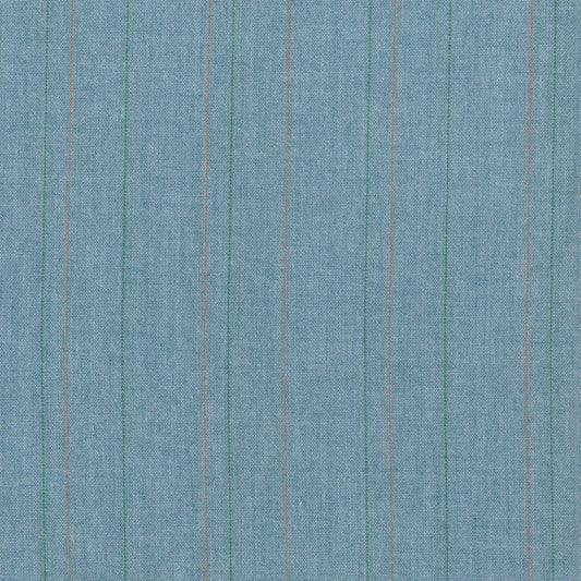 Tela 13018007 SchoolLine; jaspeado azul con líneas verdes y naranjas, ideal para uniformes escolares e institucionales.