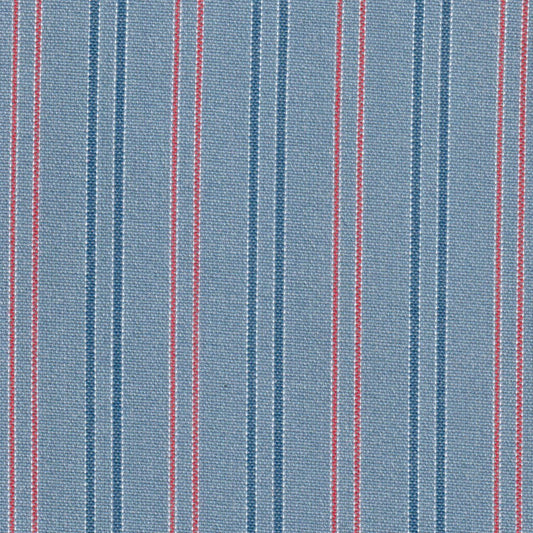 Tela 13018510 High school para uniforme SchoolLine; tejido jaspeado azul con rayas rojas y blancas, ideal para uniformes escolares.