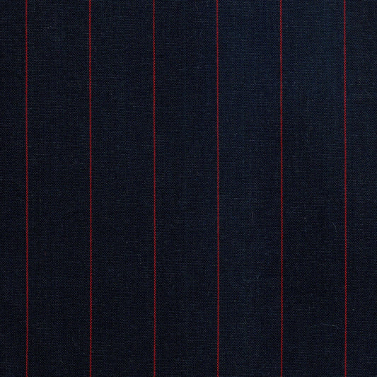Tela jacquard azul marino con líneas rojas verticales; ideal para uniformes escolares, SchoolLine.