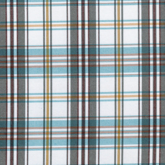 Tela tartán jacquard para uniformes escolares e institucionales; tafetán en azul, blanco, marrón y amarillo (SchoolLine).