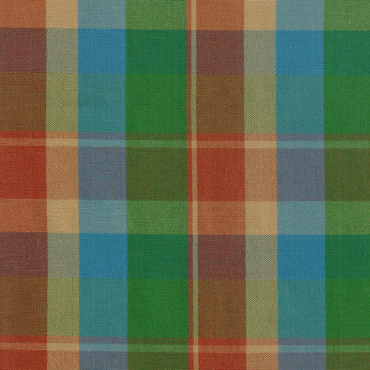 Tela jacquard tafetán SchoolLine, patrón tartán multicolor verde, azul y beige para uniformes escolares e institucionales