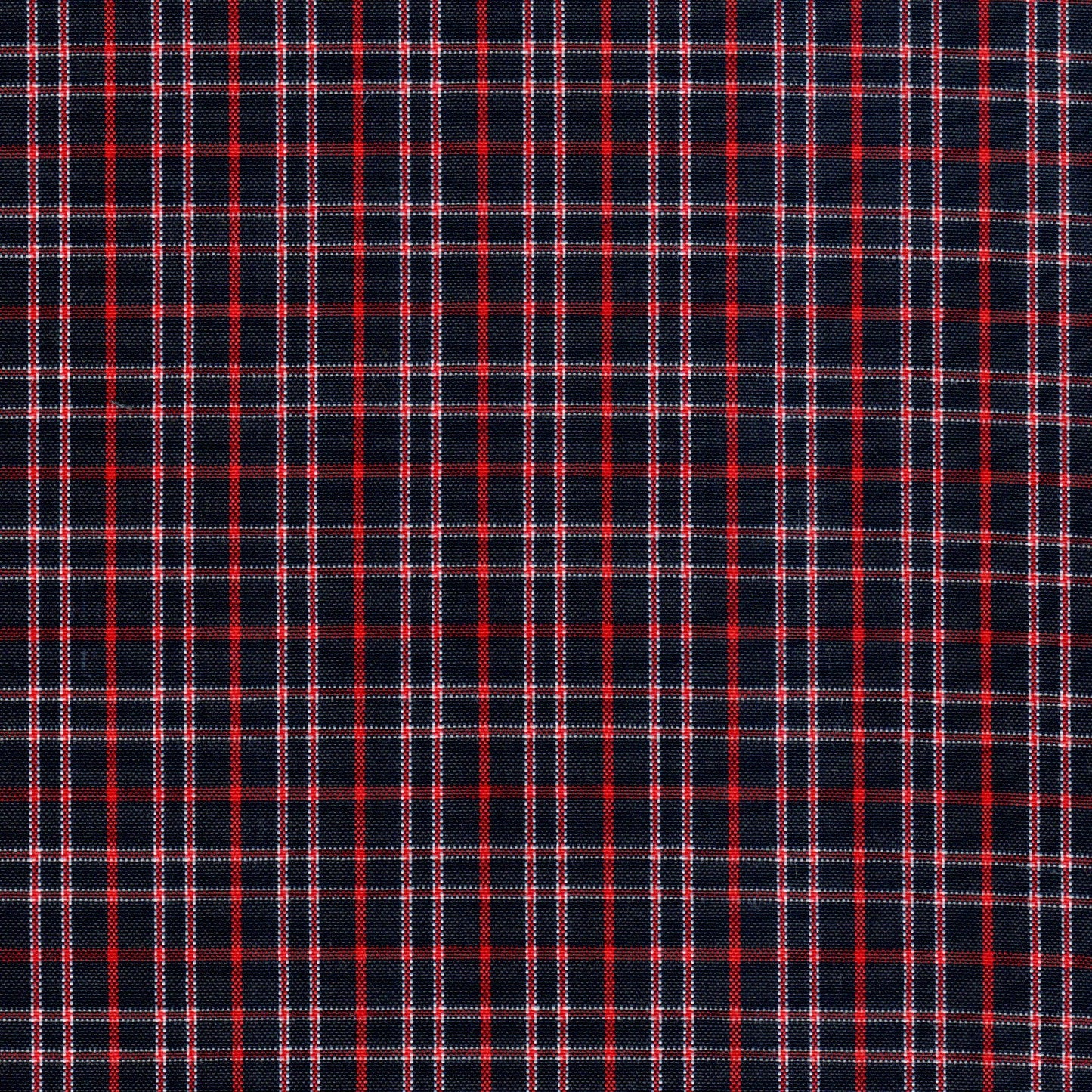 Tela jacquard poliéster SchoolLine, paño azul marino con cuadros rojos y blancos para uniformes escolares e institucionales.