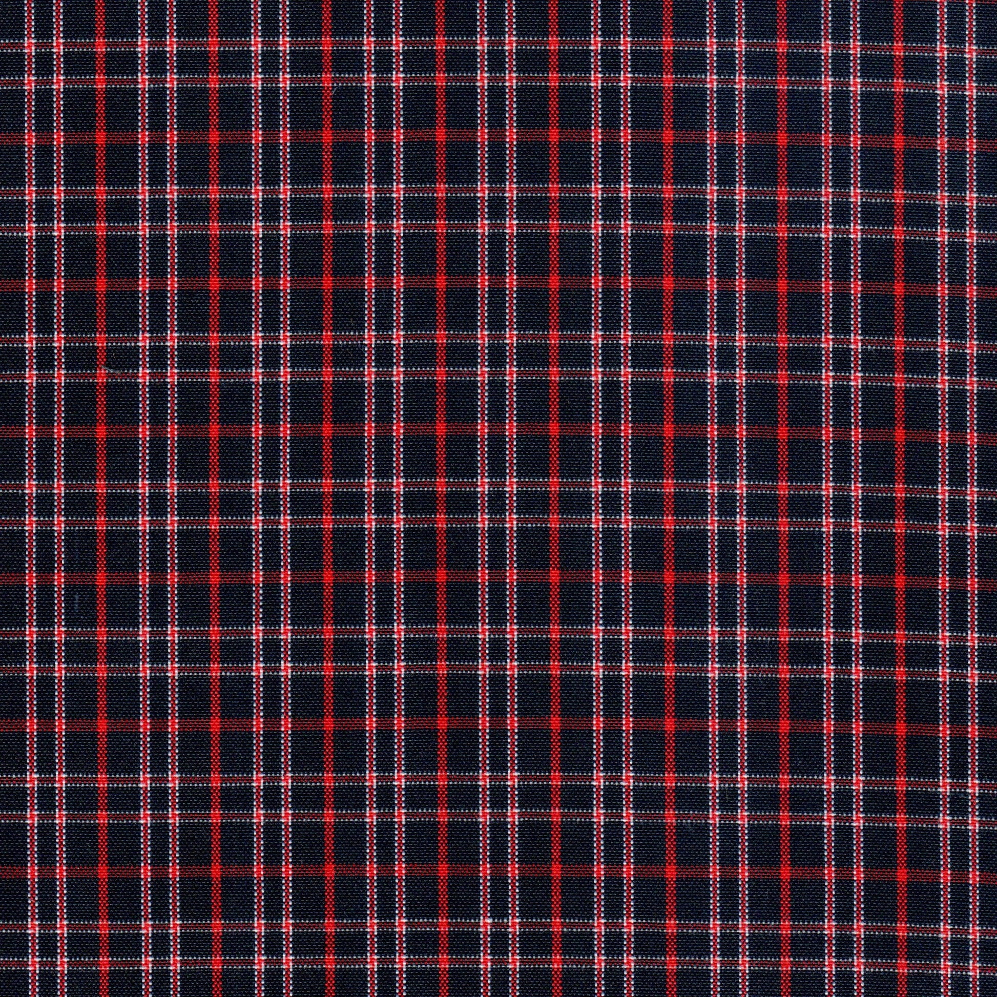 Tela jacquard poliéster SchoolLine, paño azul marino con cuadros rojos y blancos para uniformes escolares e institucionales.