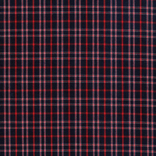 Tela jacquard poliéster SchoolLine, paño azul marino con cuadros rojos y blancos para uniformes escolares e institucionales.