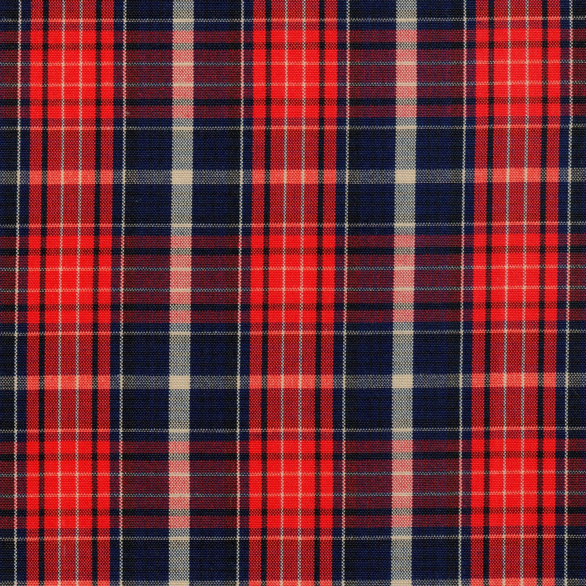 Tela jacquard tafetán SchoolLine 13021009, tartán rojo y azul marino con beige; ideal para uniformes escolares e institucionales.