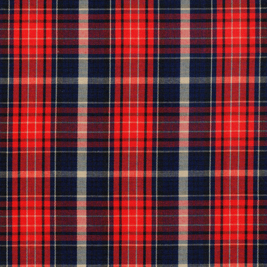 Tela jacquard tafetán SchoolLine 13021009, tartán rojo y azul marino con beige; ideal para uniformes escolares e institucionales.