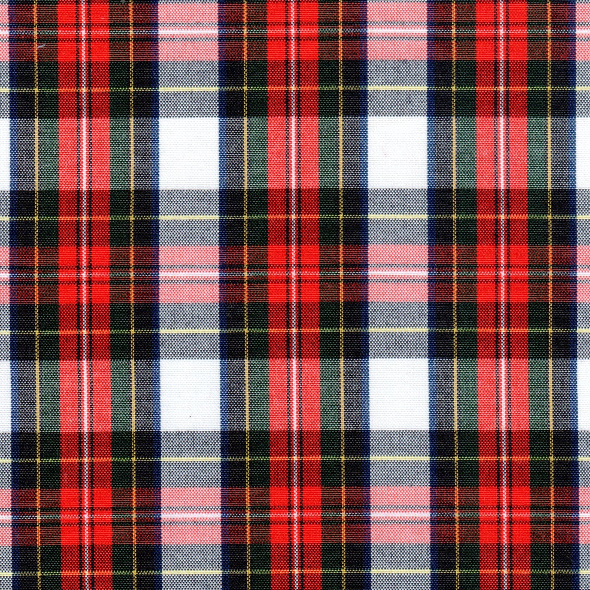 Tela jacquard tartán SchoolLine en rojo, negro, verde y blanco; ideal para uniformes escolares e institucionales.