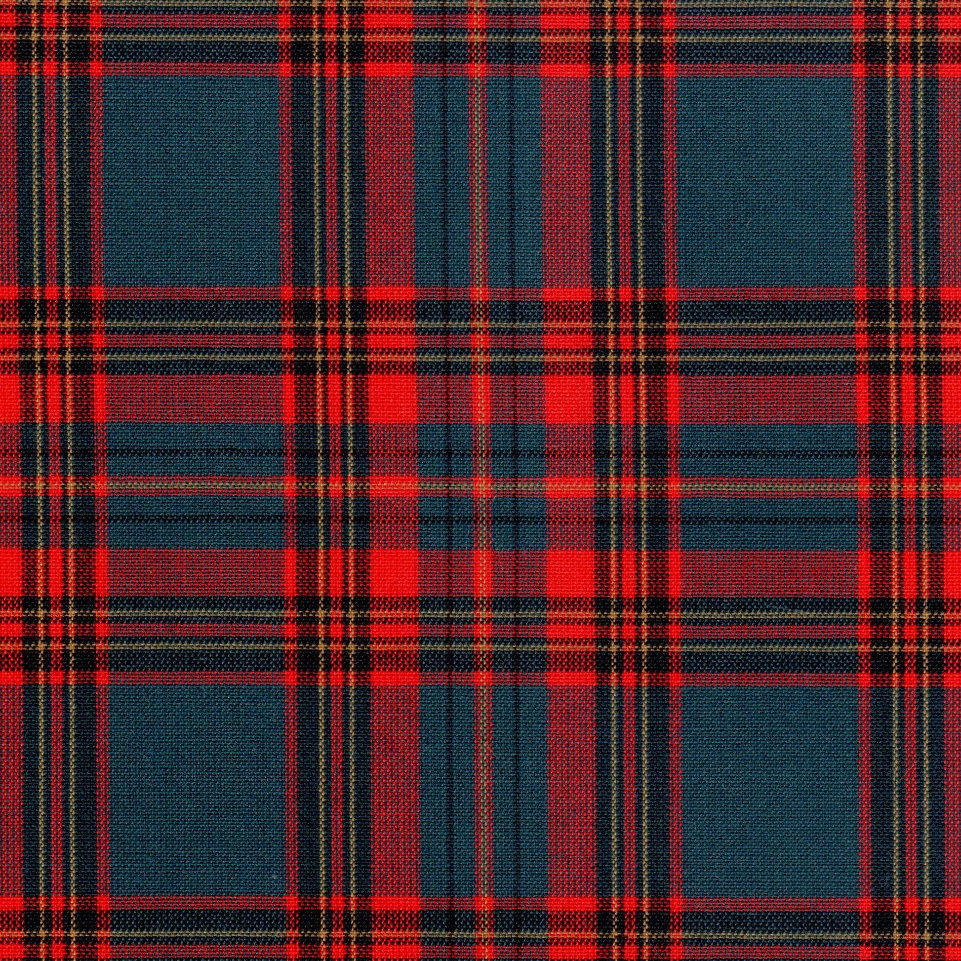 Tela jacquard de poliéster SchoolLine para uniformes escolares; paño a cuadros tartán rojo y azul marino.