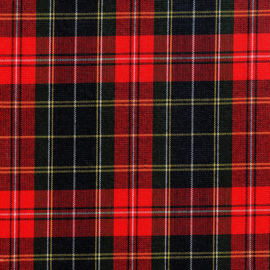 Tela jacquard tafetán cuadros rojos y negros con tiras amarillas; ideal para uniformes escolares e institucionales SchoolLine