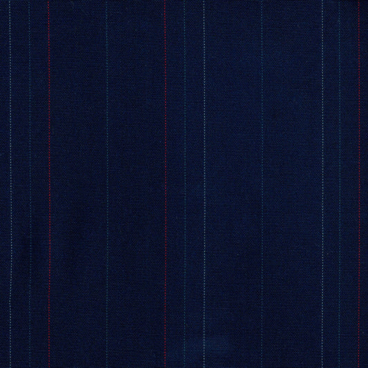 Tela jacquard tafetán azul con rayas finas rojas y azules; ideal para uniformes escolares e institucionales de SchoolLine.