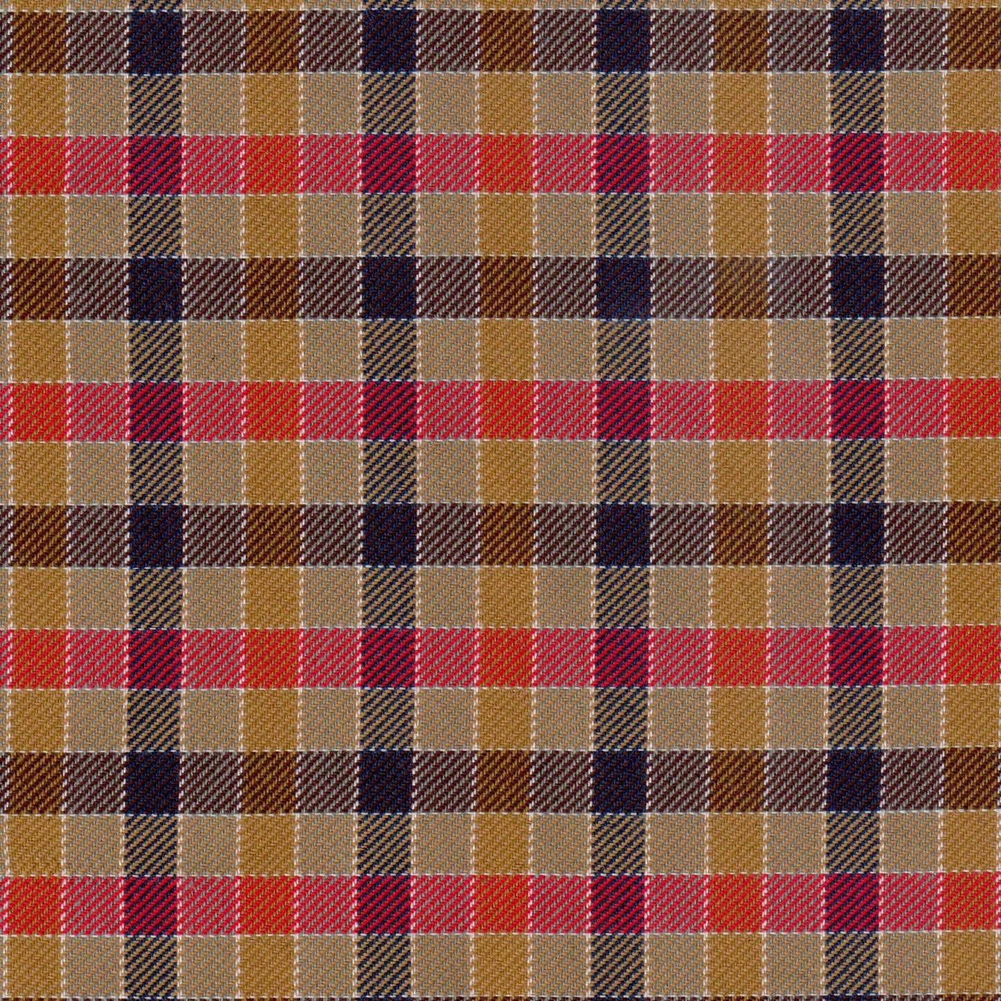 Tela diagonal Dacron SchoolLine en tartán beige, marrón y rojos/azules; tela para uniformes escolares e institucionales.