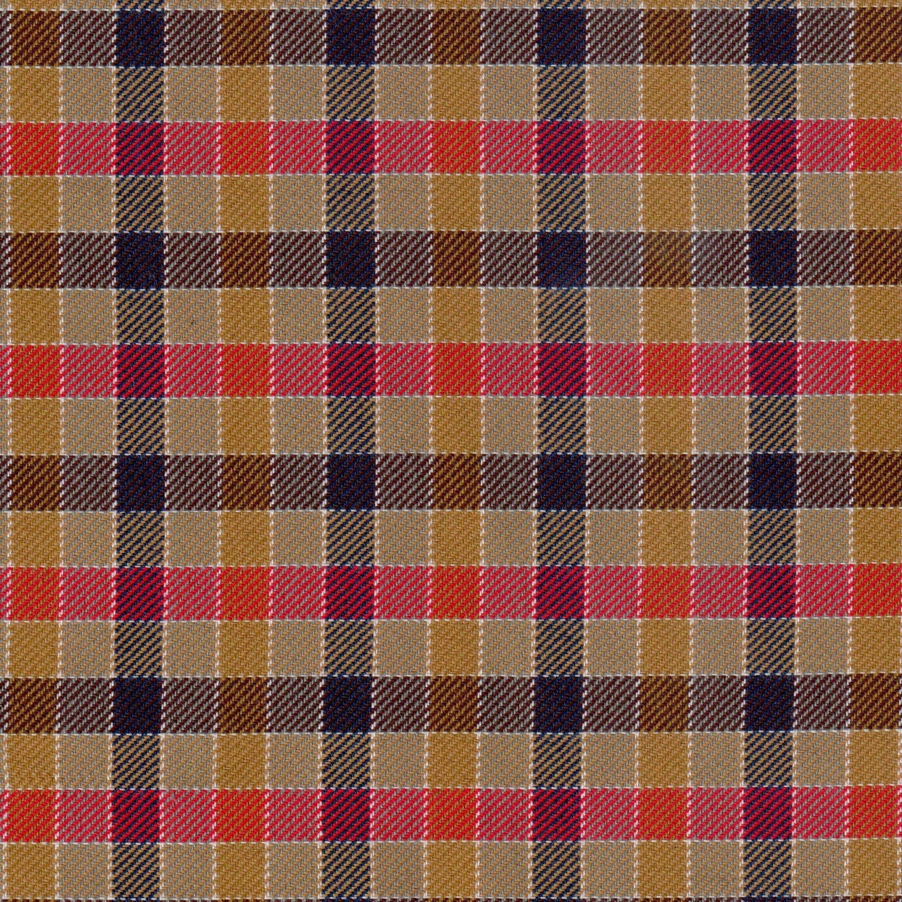 Tela diagonal Dacron SchoolLine en tartán beige, marrón y rojos/azules; tela para uniformes escolares e institucionales.