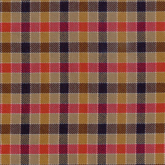Tela diagonal Dacron SchoolLine en tartán beige, marrón y rojos/azules; tela para uniformes escolares e institucionales.