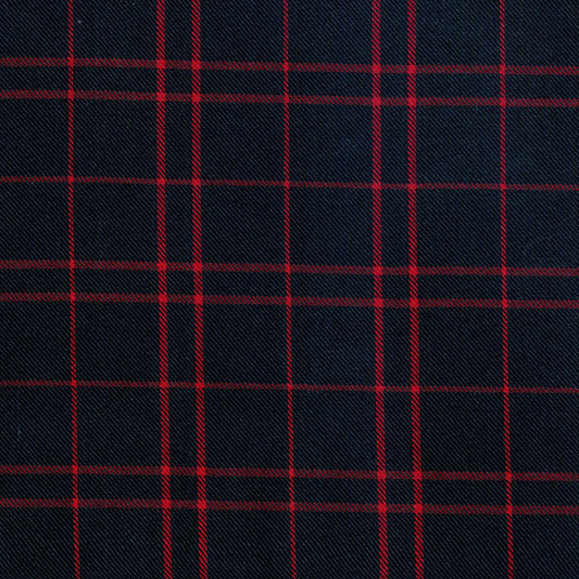 Tela jacquard diagonal azul marino con líneas rojas; Dacron, ideal para uniformes escolares SchoolLine.
